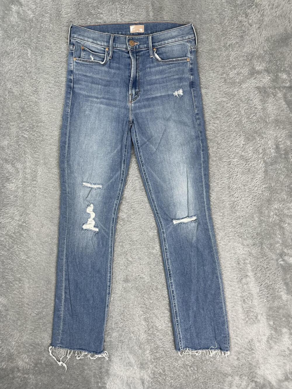 Mother The Mid Rise Dazzler Ankle Fray Jeans Womens 28 Blue Med Wash Distressed